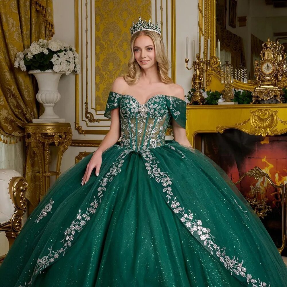 New Off Shoulder Quinceanera Glitter Gown w/ Lace Up Back & Back Bow GL3636